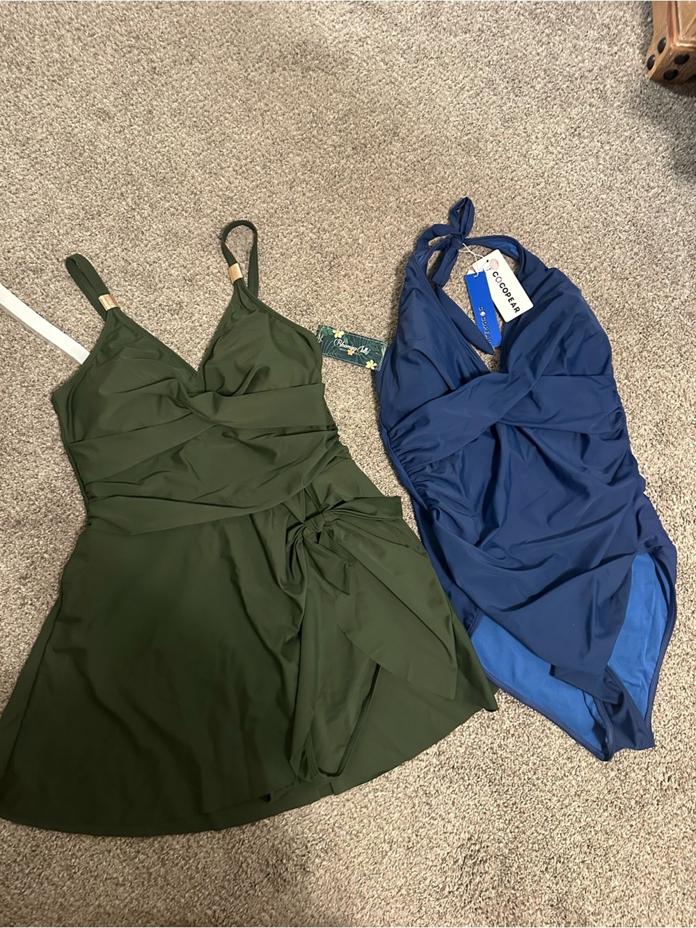 Green Ruched Swim Dress & Blue Twist One-Piece Swimwear